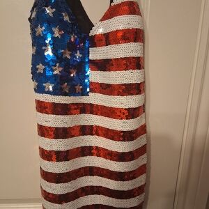 Sequin American Flag Midi Dress - Red, White & Blue